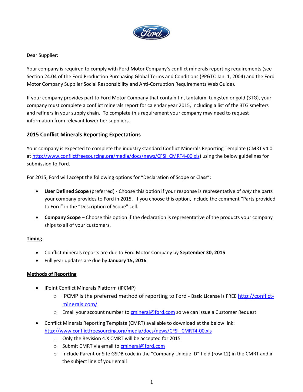 Documents and Media - Ford Supplier Portal With Conflict Minerals Reporting Template